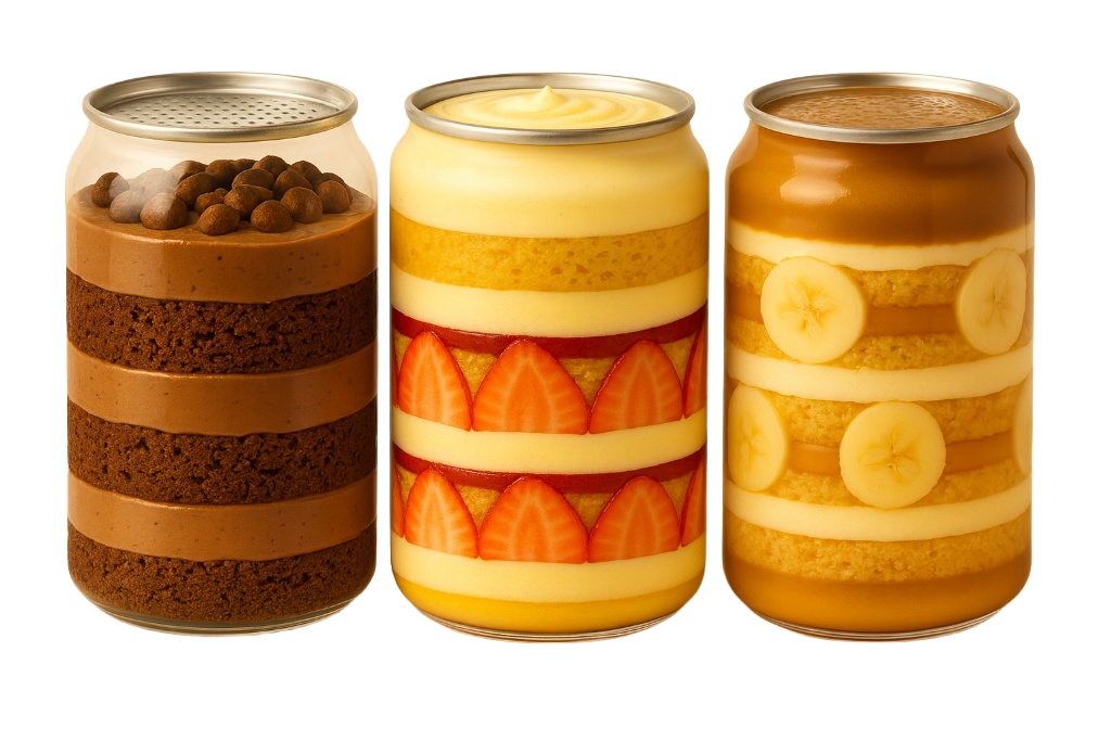 Trio of cake in a cans